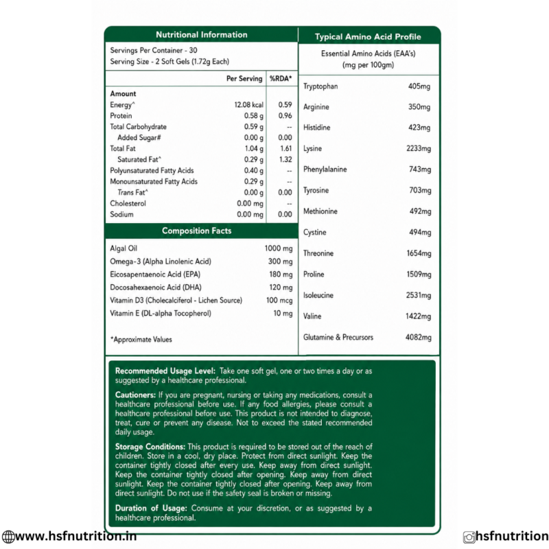 Neuherbs Deep-Sea Veg Omega Nutritional Information, Composition Facts, and Usage Guidelines Back Label