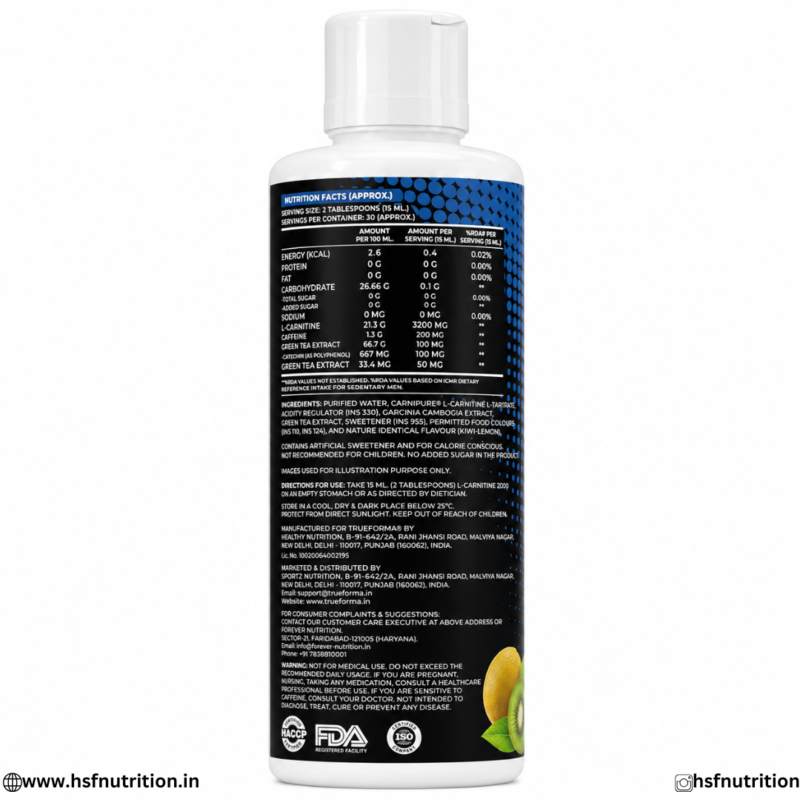 TrueForma L-Carnitine 3200 500ml Nutritional Facts and Ingredients Back Label