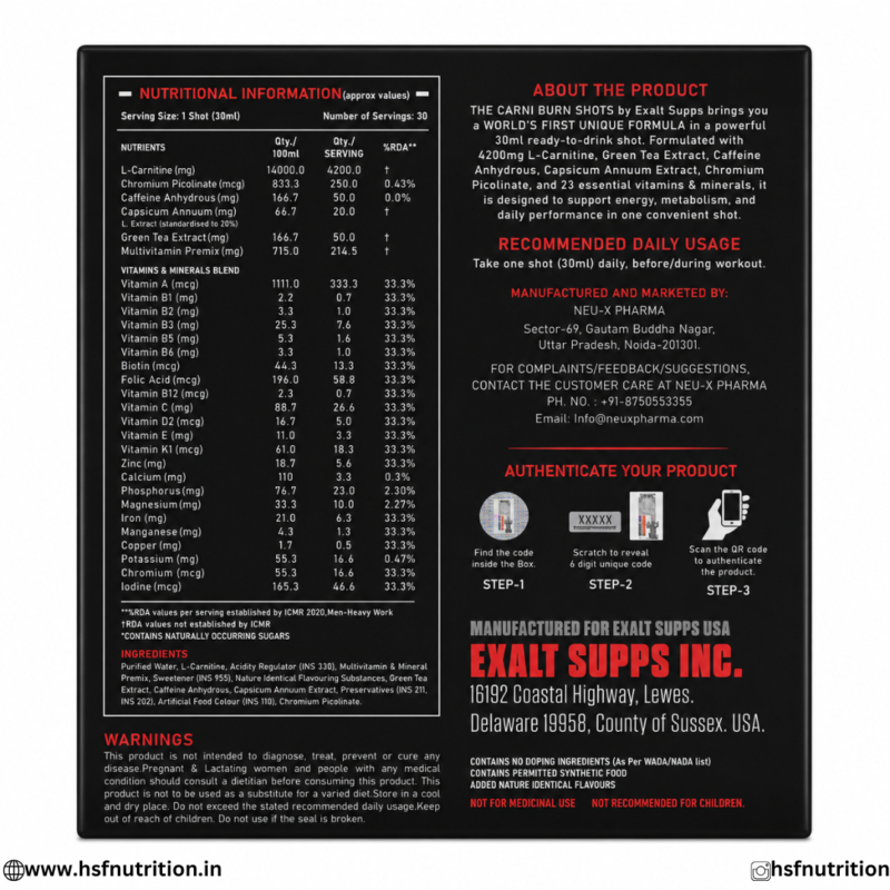 Exalt Supps The Carni Burn Shots Nutritional Facts, Ingredients, and Authentication Guide Back Label