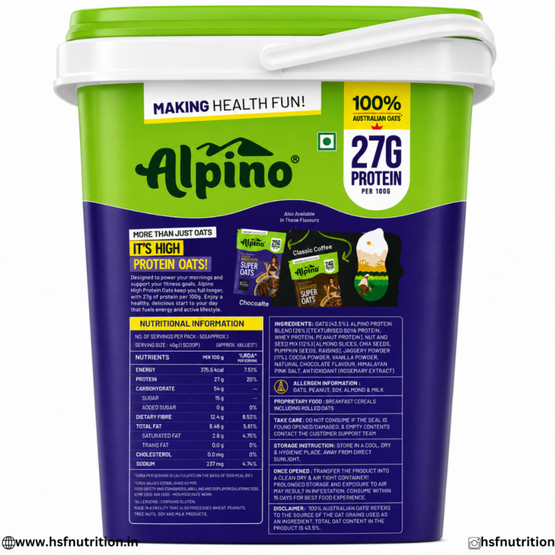 Alpino High Protein Oats 2kg Nutritional Information and Ingredients Label