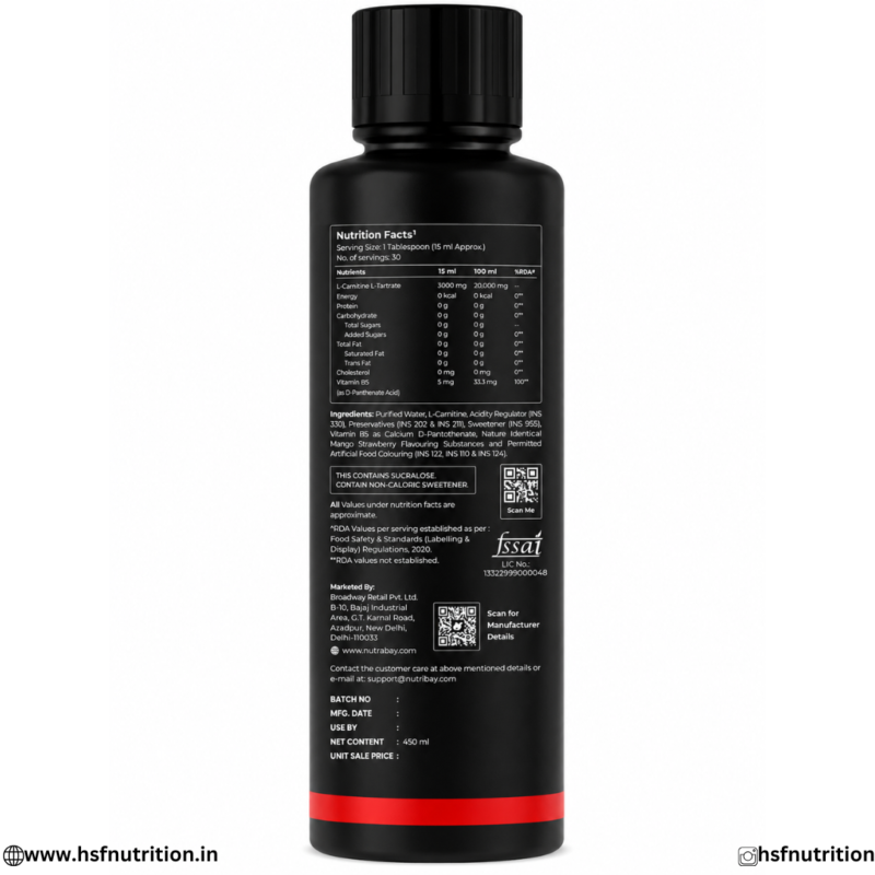Nutrabay Liquid L-Carnitine 450ml Nutritional Information and Ingredients Label