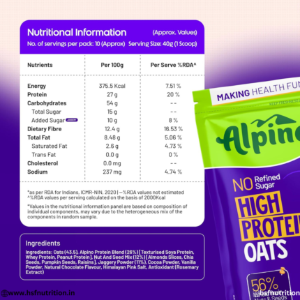Alpino High Protein Oats Nutritional Information and Ingredients Label