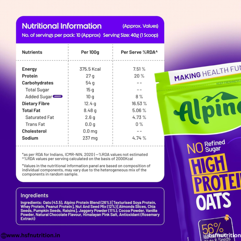 Alpino High Protein Oats Nutritional Information and Ingredients Label