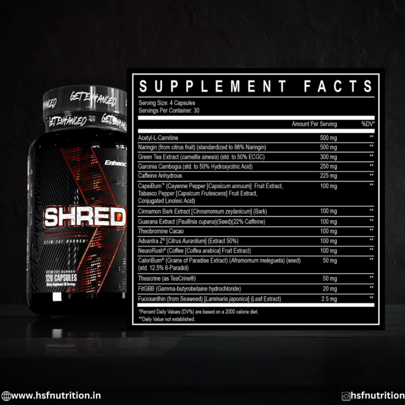 Enhanced Labs SHRED 120 Capsules Supplement Facts, Advanced Ingredient List, and Serving Information