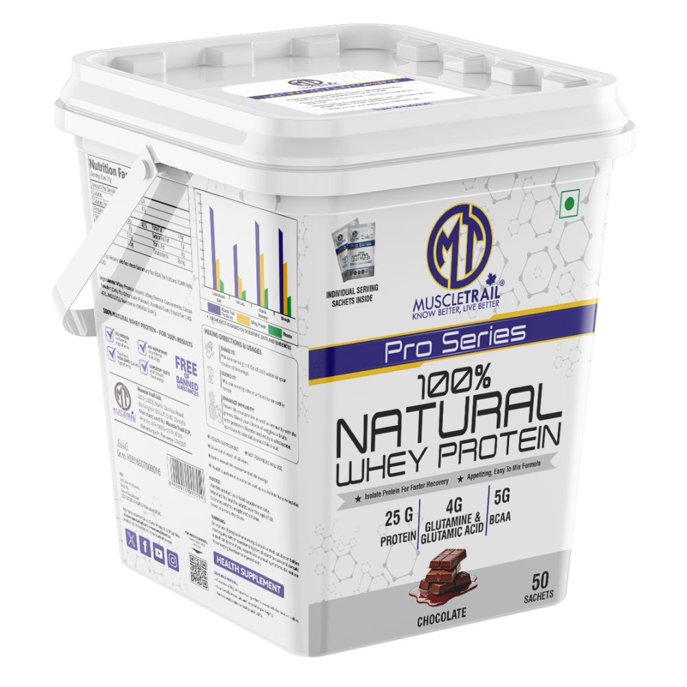 MuscleTrail Pro Series 100% Natural Whey Protein – 50 Sachets, 1.55kg, 25g protein, Chocolate