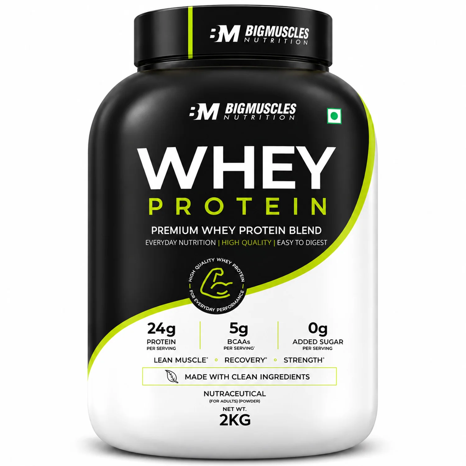 BigMuscles Whey Protein - 2kg, 24g Protein, 5g BCAA, 0g Added Sugar | Premium Whey Protein Blend
