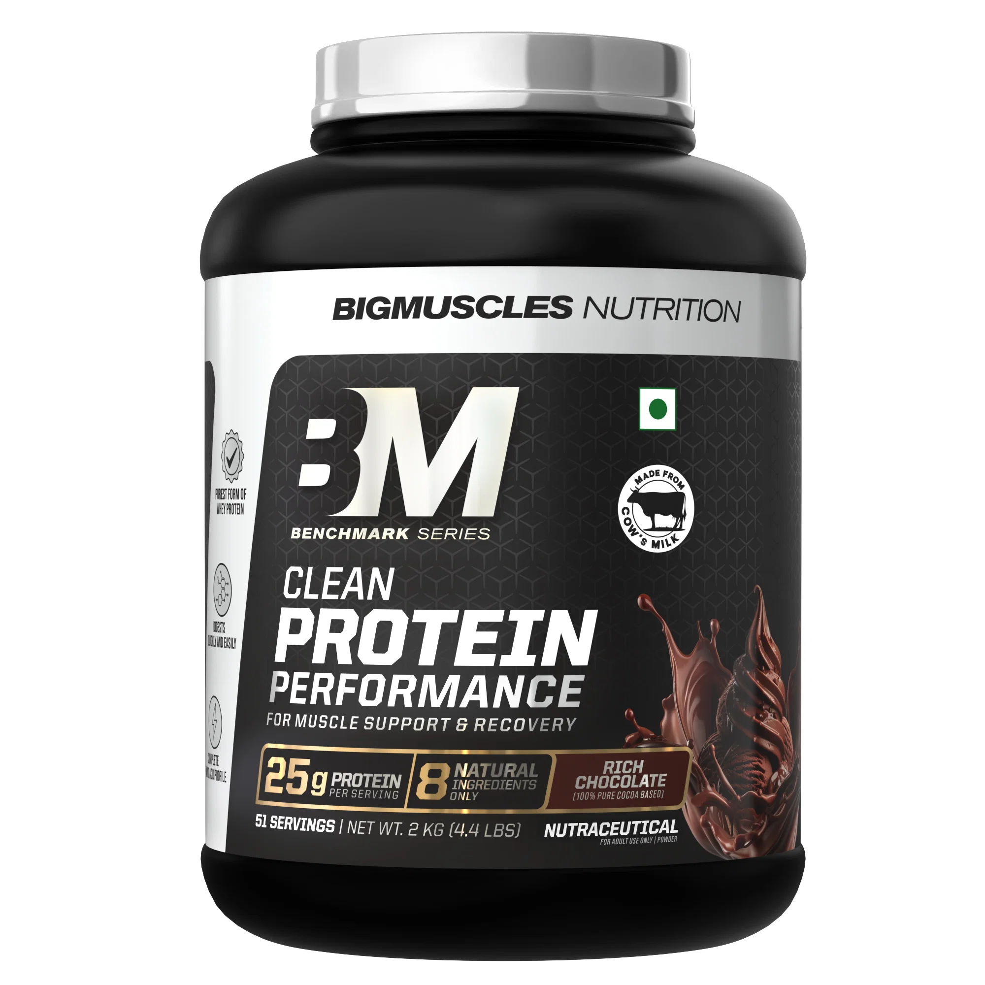 BigMuscles Clean Protein Performance Whey - 2kg, 25g Protein, 51 Servings, Rich Chocolate